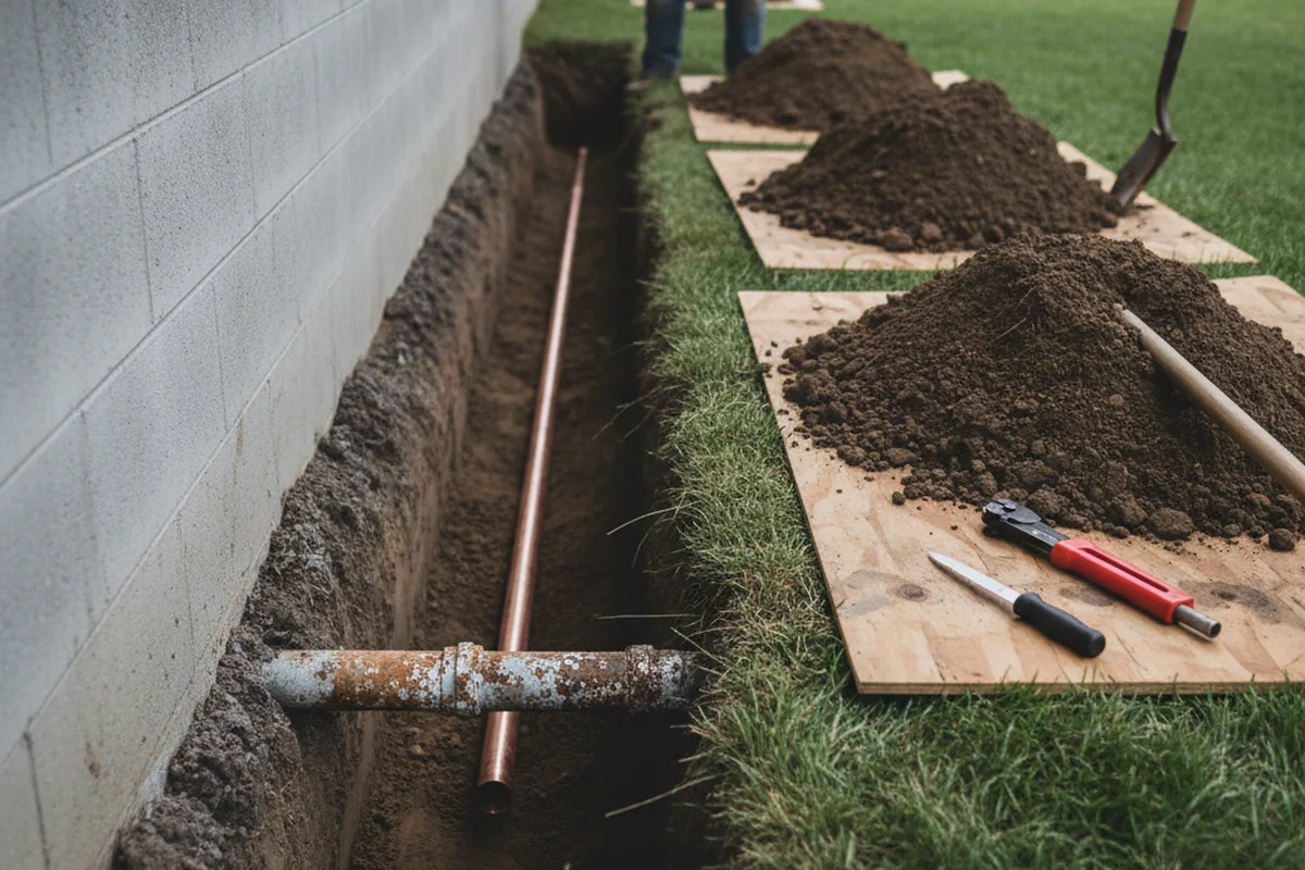 Excavated water line trench during Water Heater Repair in Foster
